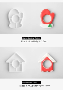 Detail showing dimensions of house and glove-shaped Christmas cookie cutter tools