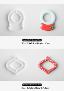 Detailed view of snow globe and bauble Christmas cookie molds with dimensions and results