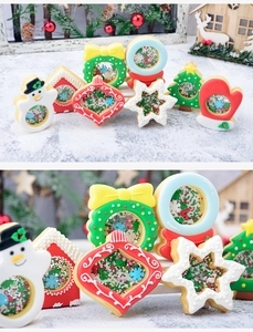 Detail of Christmas shaker cookies with transparent centers and colorful sugar beads