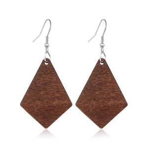 Vintage geometric rhombus wooden drop earrings with silver hooks for a minimalist look