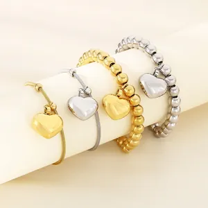 Heart Pendant Bracelet For Women Stainless Steel 18K Gold Plated Adjustable Bead And Snake Chain Minimalist Elegant Jewelry
