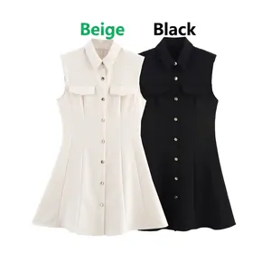Women's sleeveless lapel dress with shoulder pads and waist tie in beige and black colors