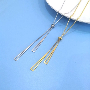 Detailed view of adjustable Y-shaped titanium steel sweater necklace with triangle pendants