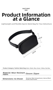 Detailed size chart showing 20x14cm dimensions of the black sports waist bag