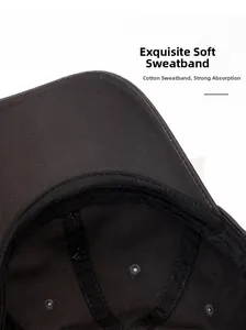 Macro detail of breathable black sweatband and clean stitching inside washed cotton baseball cap