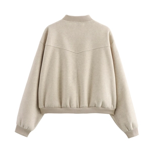 Back view of beige tweed bomber jacket with ribbed trim and dropped shoulder seams