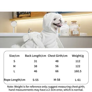 Absorbent white hooded pet bathrobe for small dogs with sizing chart and belt