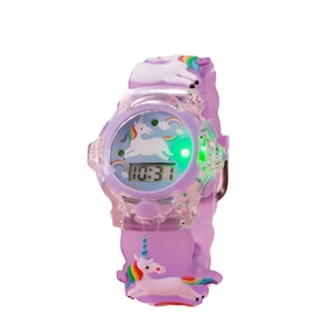 Purple unicorn digital watch for kids with LED glowing display and silicone strap