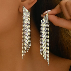 Elegant long cascade tassel earrings with colorful rhinestones for evening dresses