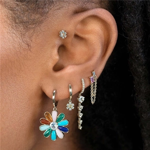 Close-up of S925 sterling silver tassel chain earrings with colorful sunflower pendant