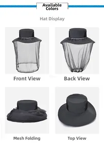 Detail view of anti-mosquito sun hat showing 4 angles and breathable nylon mesh veil