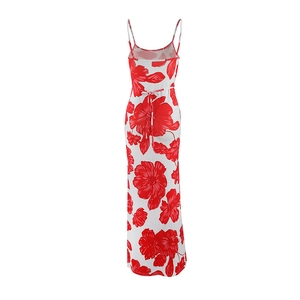 Detail of white floral maxi dress back with red flower print and adjustable waist ties