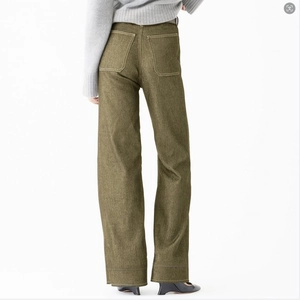 Rear view of olive green wide-leg trousers with visible stitching on the back pockets