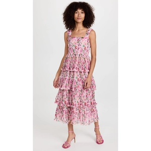 French style floral high waist tiered maxi dress in lavender with ruffled skirt layers