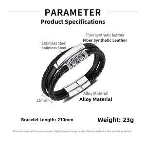 Detail view of multilayer braided leather bracelet with stainless steel magnetic clasp