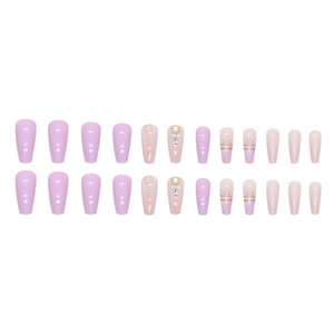 Medium-long coffin press-on nails in taro purple and nude pink with rhinestones and glitter
