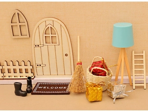 Miniature de Noël pour maison de poupée avec porte en bois, échelle et tapis Welcome