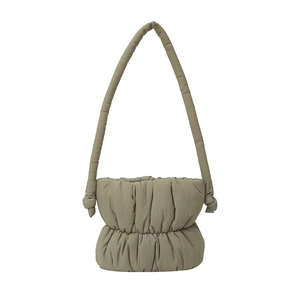 Chic puffy grey-green nylon bucket bag with quilted design and knotted shoulder straps