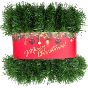 50ft Dark Green Christmas Tinsel Garland with Red Merry Christmas Ribbon for Party Decor