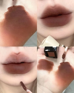 Deep brown matte velvet lip glaze showing arm swatches and professional lip application effect