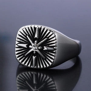 Vintage Stainless Steel Signet Ring For Men Starburst Compass Design With Zircon Inlay Punk Gothic Style Jewelry