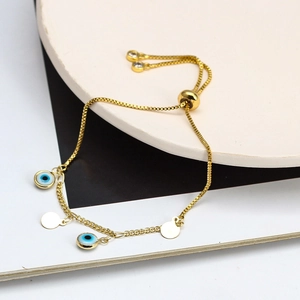 Braccialetto regolabile occhio del diavolo in oro con smalto blu e paillettes da spiaggia