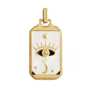 Detail view of a gold-plated tarot sun and eye enamel charm with zircon accents