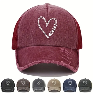 Washed Cotton Mesh Baseball Cap Heart Butterfly Print Distressed Trucker Hat Outdoor Casual Unisex