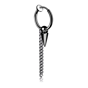Black stainless steel clip-on earring with chain and cone pendant for men and women