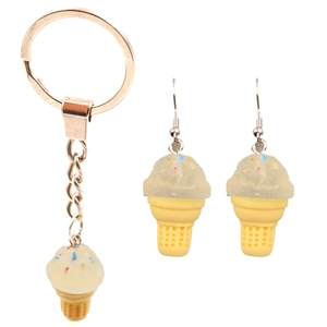 Ice cream cone resin jewelry set featuring a keychain and earrings with colorful sprinkles