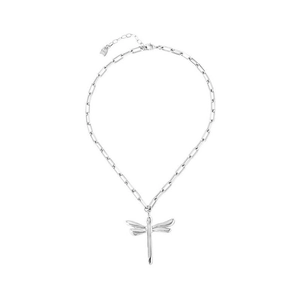 Detailed close-up of silver dragonfly pendant on a paperclip chain with S925 hallmark
