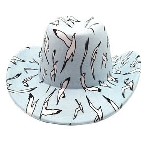 Detail of light blue western cowboy hat featuring black and white seagull bird prints