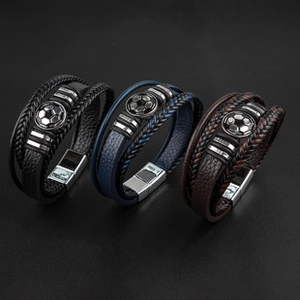 Detail view of soccer-themed multi-layer braided PU leather bracelets with alloy magnetic clasp