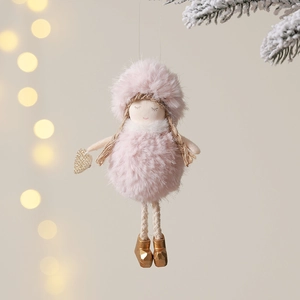 Pink plush angel doll pendant with golden boots and heart for Christmas tree decor