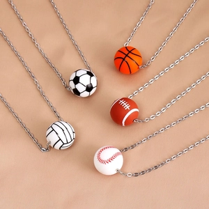 Sports Ball Pendant Necklace Silicone Basketball Football Baseball Volleyball Rugby Stainless Steel Chain Wax Rope For Men Women