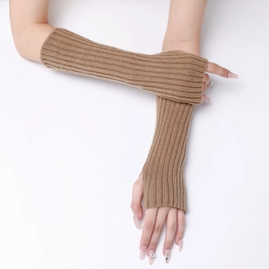 Detail of ribbed knit texture on long brown fingerless arm warmers for men and women