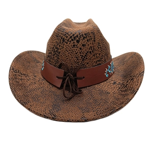 Close-up of brown snake-patterned cowboy hat with embroidered blue wave leather band
