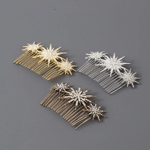 Detailed close-up of retro star hair combs in gold, silver, and bronze with rhinestones