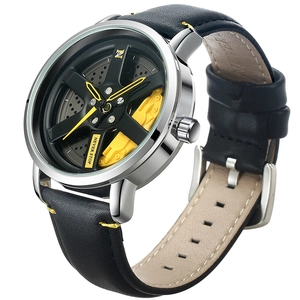 Men's sports watch with black car wheel hub dial, silver case, and yellow accents