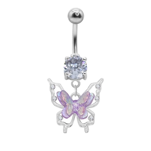 Silver belly ring featuring a large clear zircon and a shimmering purple butterfly pendant