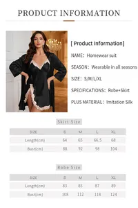 Größentabelle für schwarzes Satin-Nachtwäsche-Set mit Morgenmantel und Kleid von S bis XL
