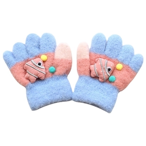 Children's thick knitted gloves with 3D fish doll and colorful pompom decoration