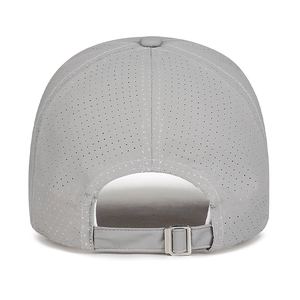 Rear view of grey breathable sports cap with laser-cut holes and adjustable strap