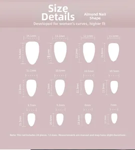 Size chart showing width and height for 24 pieces of almond-shaped press-on nails