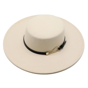 Elegant wide brim wool felt boater hat in cream with a thin black leather band and gold buckle