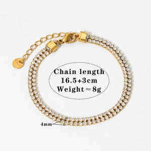 Detail of 4mm double-row zircon tennis bracelet in stainless steel with size and weight info