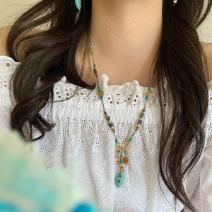 Bohemian Turquoise Beaded Necklace Ethnic Vintage Oval Pendant Necklace For Women Handmade Summer Vacation Neckwear Jewelry