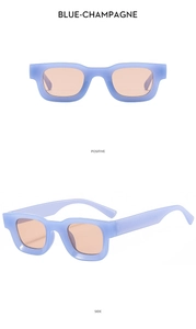 Detail view of vintage square sunglasses in blue-champagne color with high-quality frame