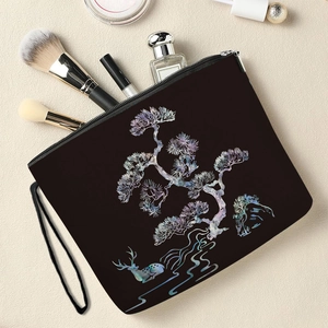 Portable Cosmetic Bag Imitation Linen Laser Pine Deer Print Travel Makeup Pouch With Wristlet Strap Toiletry Organizer