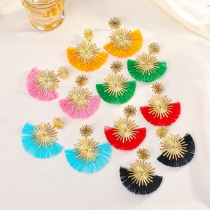 Bohemian fan-shaped tassel earrings with gold sunburst metal and colorful fringe design
